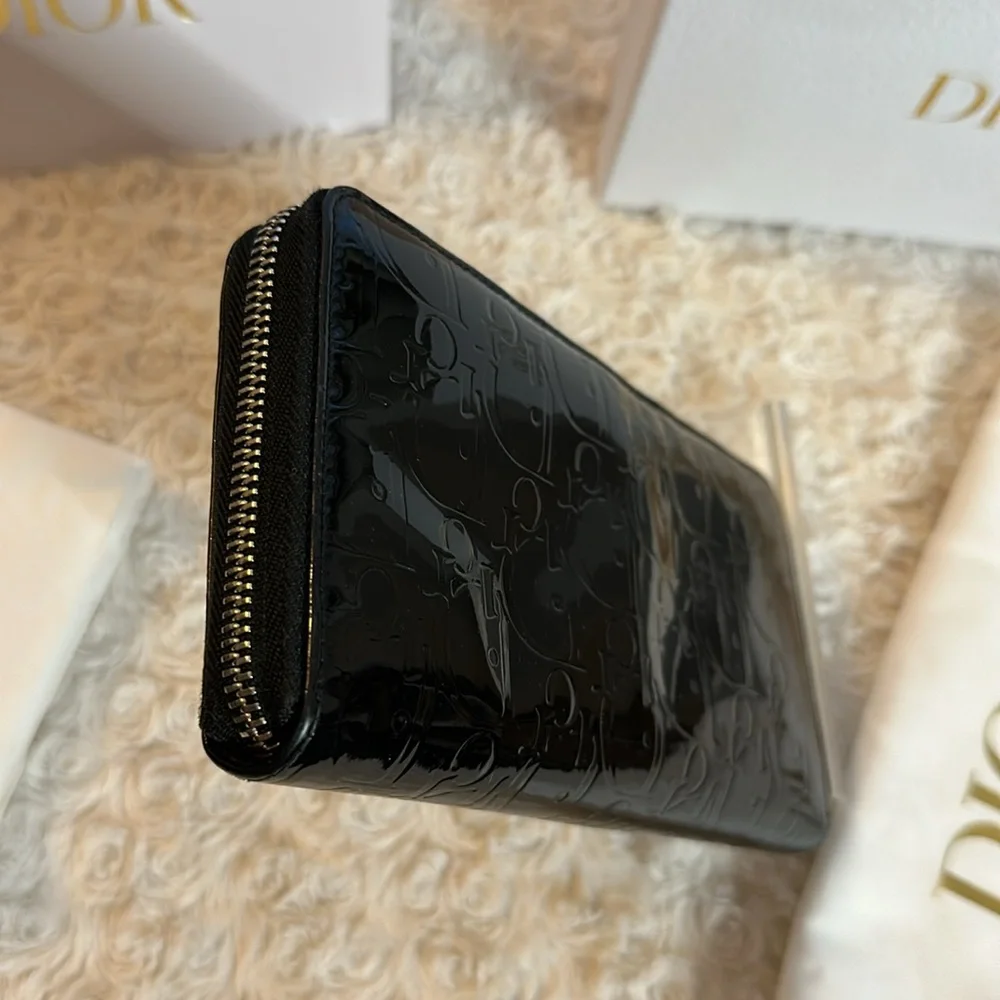 Dior zippy long wallet Lambskin Vernis leather oblique pattern Full Incl…
